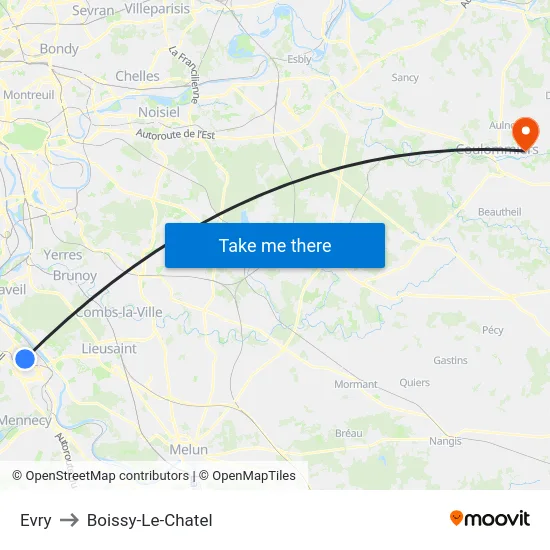 Evry to Boissy-Le-Chatel map
