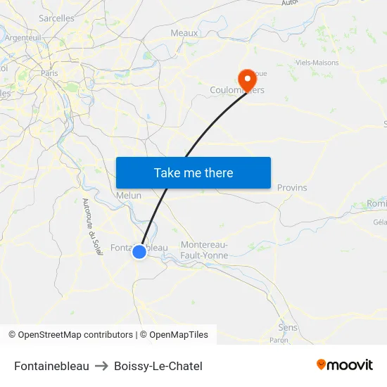 Fontainebleau to Boissy-Le-Chatel map