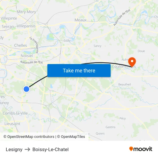 Lesigny to Boissy-Le-Chatel map