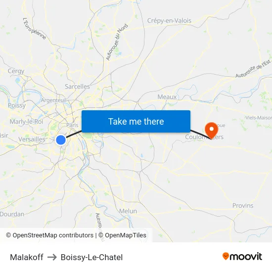 Malakoff to Boissy-Le-Chatel map