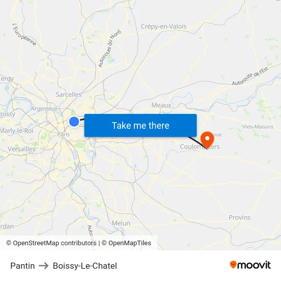 Pantin to Boissy-Le-Chatel map