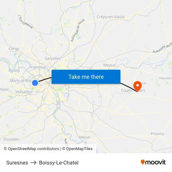 Suresnes to Boissy-Le-Chatel map