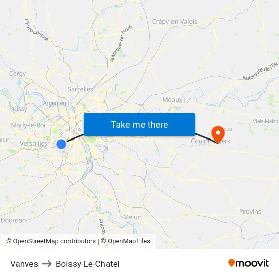 Vanves to Boissy-Le-Chatel map