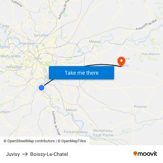 Juvisy to Boissy-Le-Chatel map