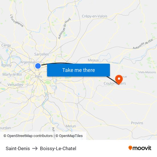 Saint-Denis to Boissy-Le-Chatel map