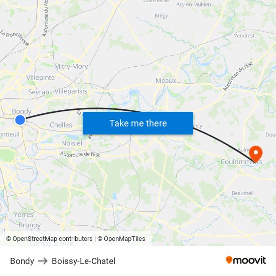 Bondy to Boissy-Le-Chatel map