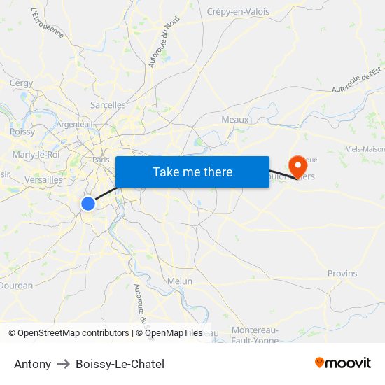 Antony to Boissy-Le-Chatel map