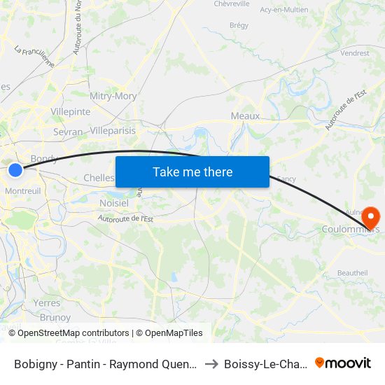 Bobigny - Pantin - Raymond Queneau to Boissy-Le-Chatel map