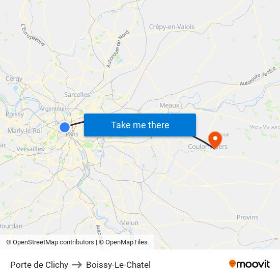 Porte de Clichy to Boissy-Le-Chatel map