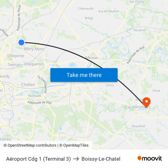 Aéroport Cdg 1 (Terminal 3) to Boissy-Le-Chatel map