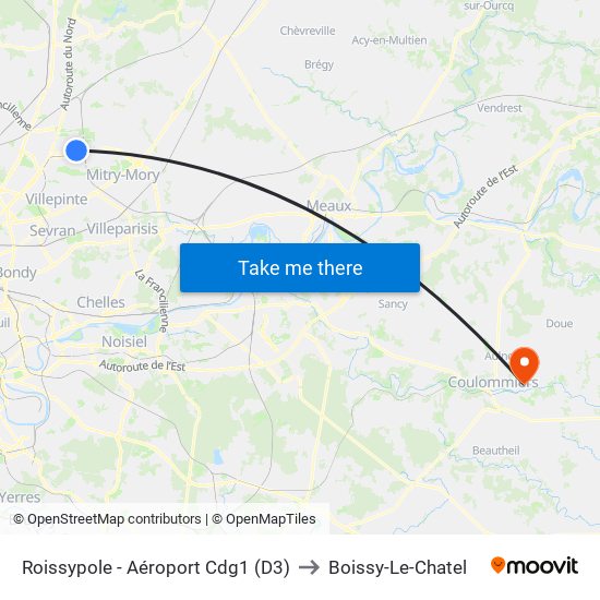 Roissypole - Aéroport Cdg1 (D3) to Boissy-Le-Chatel map