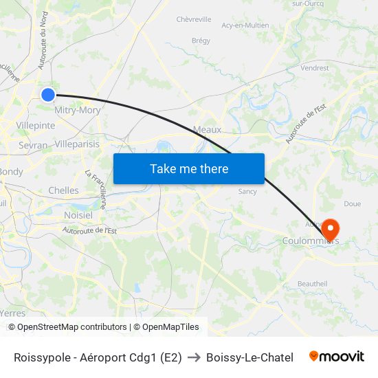 Roissypole - Aéroport Cdg1 (E2) to Boissy-Le-Chatel map