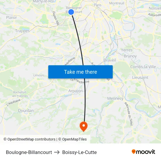 Boulogne-Billancourt to Boissy-Le-Cutte map
