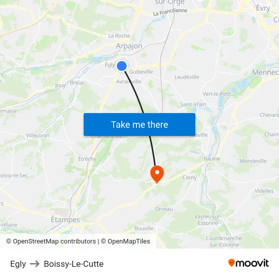 Egly to Boissy-Le-Cutte map