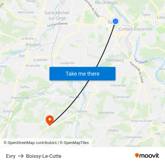 Evry to Boissy-Le-Cutte map