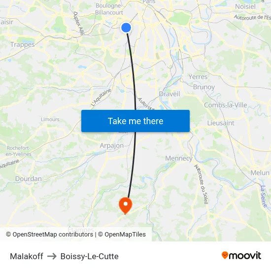 Malakoff to Boissy-Le-Cutte map