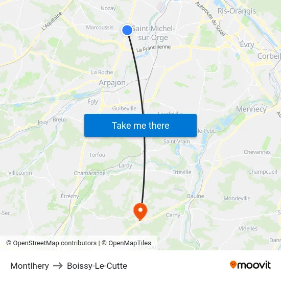Montlhery to Boissy-Le-Cutte map
