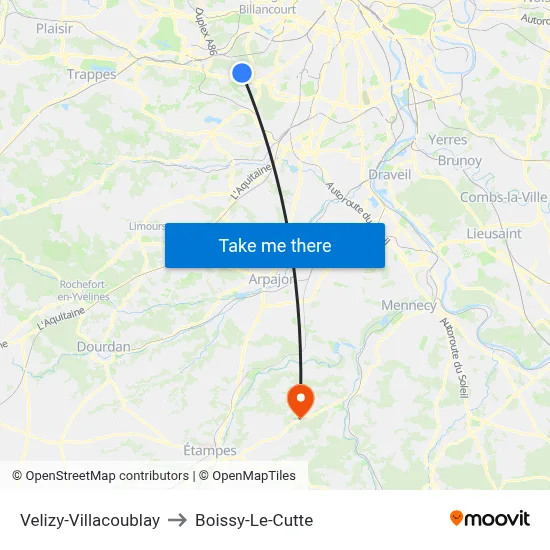 Velizy-Villacoublay to Boissy-Le-Cutte map