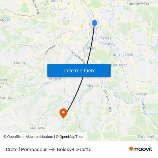 Créteil Pompadour to Boissy-Le-Cutte map