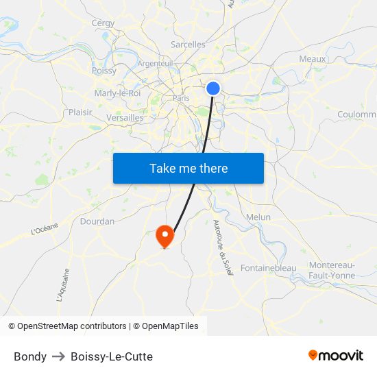 Bondy to Boissy-Le-Cutte map