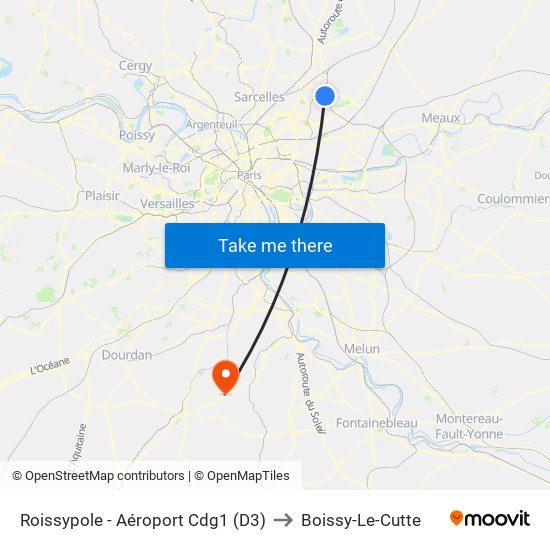 Roissypole - Aéroport Cdg1 (D3) to Boissy-Le-Cutte map