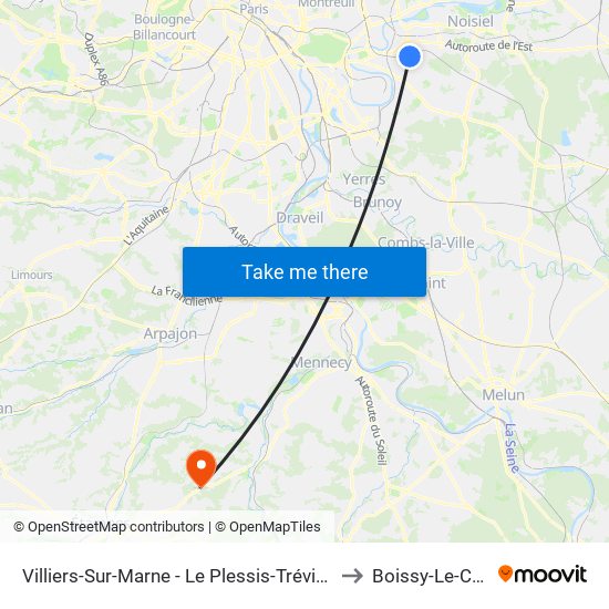Villiers-Sur-Marne - Le Plessis-Trévise RER to Boissy-Le-Cutte map