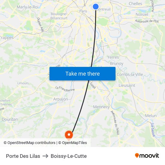 Porte Des Lilas to Boissy-Le-Cutte map