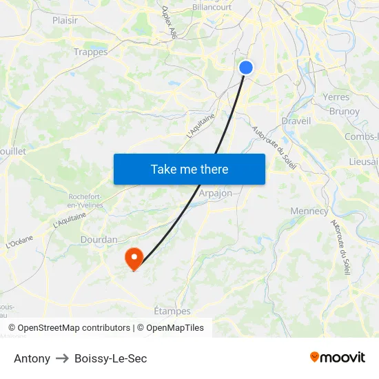 Antony to Boissy-Le-Sec map