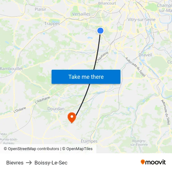 Bievres to Boissy-Le-Sec map