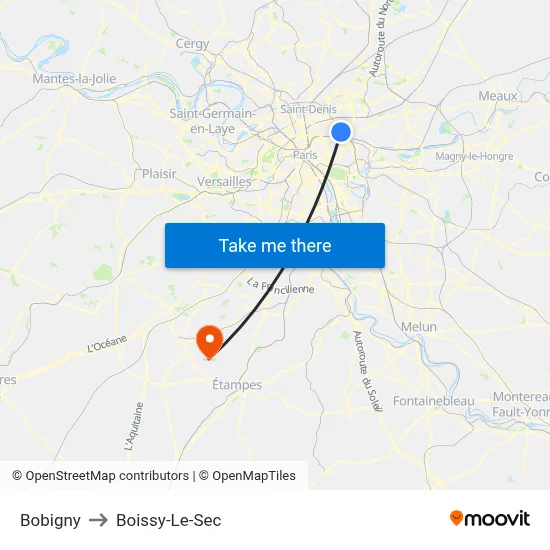 Bobigny to Boissy-Le-Sec map