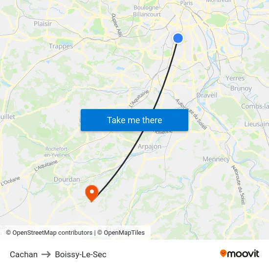 Cachan to Boissy-Le-Sec map