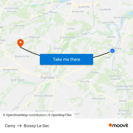 Cerny to Boissy-Le-Sec map