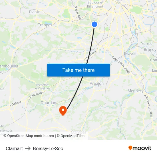 Clamart to Boissy-Le-Sec map