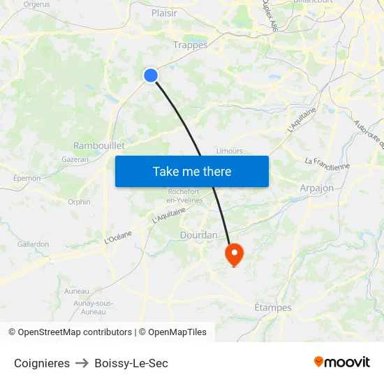 Coignieres to Boissy-Le-Sec map