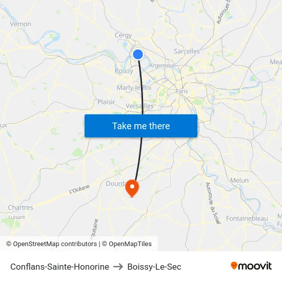 Conflans-Sainte-Honorine to Boissy-Le-Sec map
