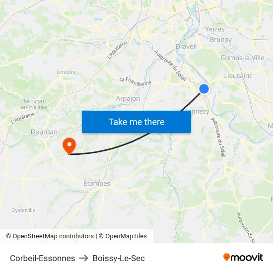 Corbeil-Essonnes to Boissy-Le-Sec map