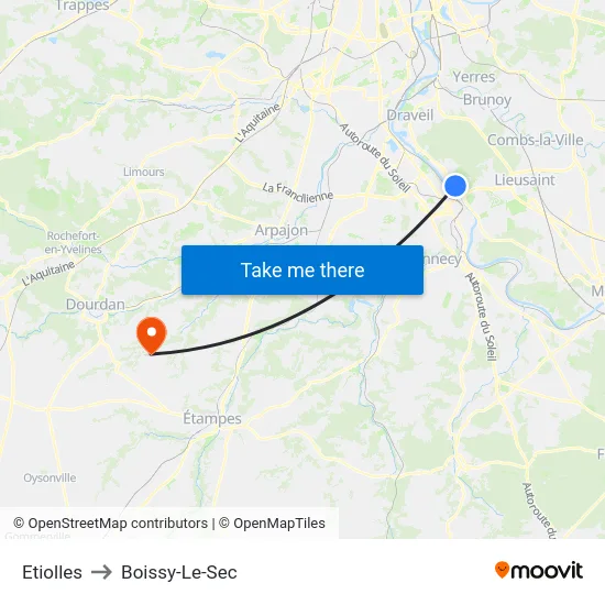 Etiolles to Boissy-Le-Sec map