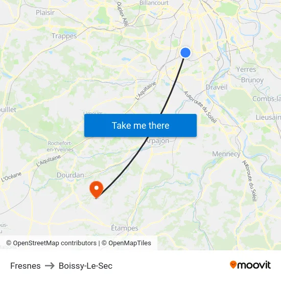 Fresnes to Boissy-Le-Sec map