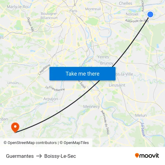 Guermantes to Boissy-Le-Sec map