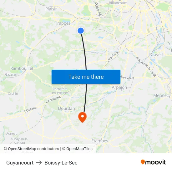 Guyancourt to Boissy-Le-Sec map