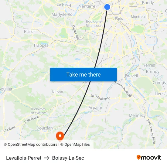 Levallois-Perret to Boissy-Le-Sec map