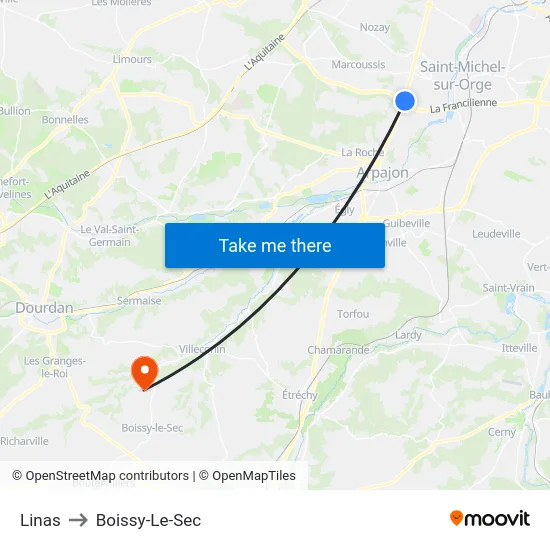 Linas to Boissy-Le-Sec map