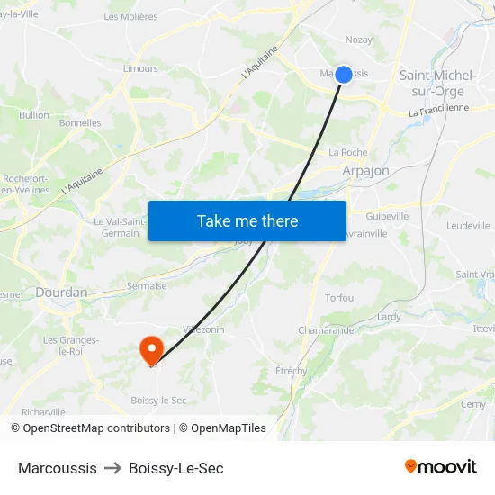 Marcoussis to Boissy-Le-Sec map