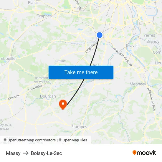 Massy to Boissy-Le-Sec map