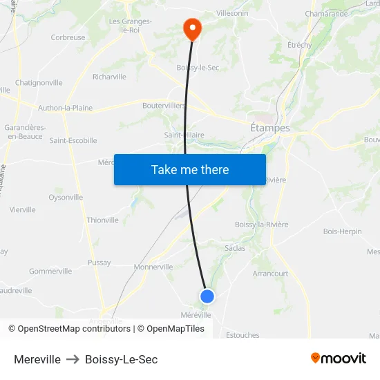Mereville to Boissy-Le-Sec map