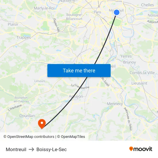 Montreuil to Boissy-Le-Sec map