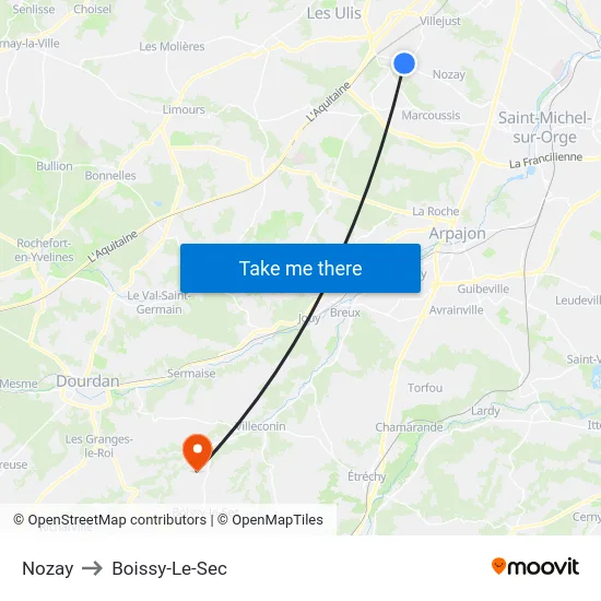 Nozay to Boissy-Le-Sec map