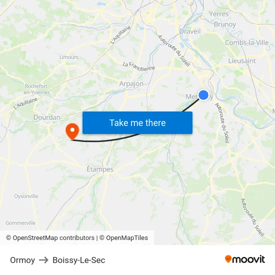 Ormoy to Boissy-Le-Sec map