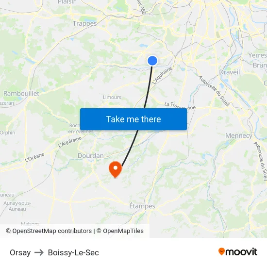 Orsay to Boissy-Le-Sec map