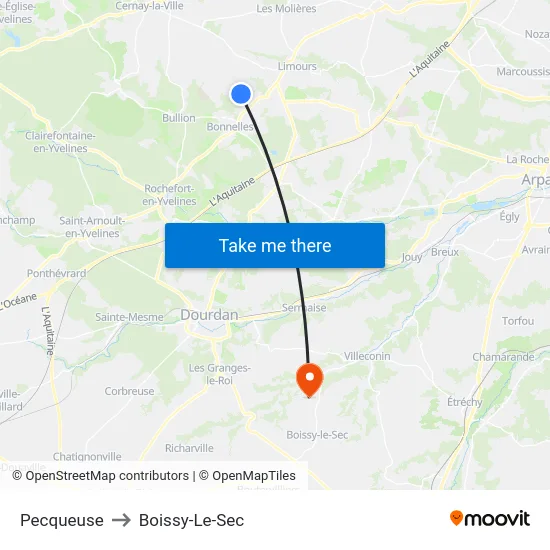 Pecqueuse to Boissy-Le-Sec map